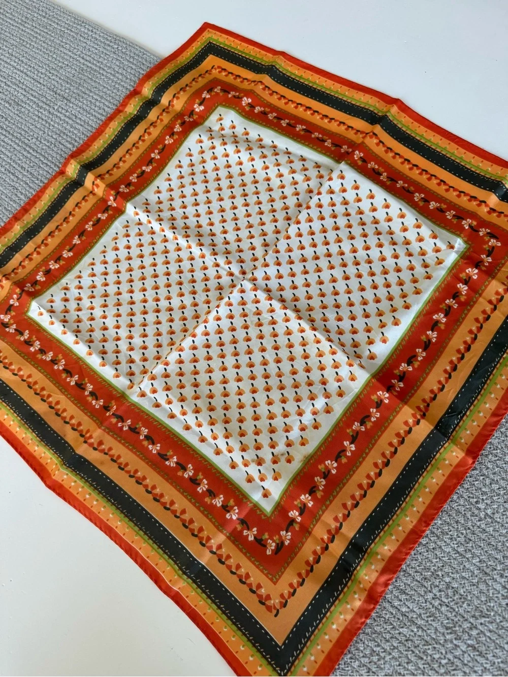 Vintage 70’s Orange, Cream & Green Floral-Print Square Scarf
